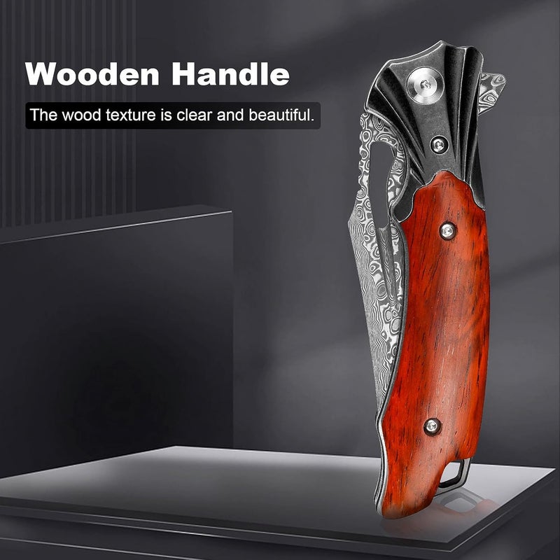 Zingbee Damascus Pocket Knife for Men Women, Wood Handle Folding Knife with Sheath, 3.15" Damascus Steel Blade Pocket Knives for Outdoor - Image 4